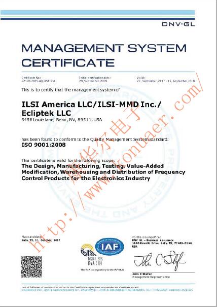 美國日蝕E8WSDC12-32.768K晶振ISO9001:2008質量證書